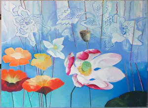 Jan van Delft - Acryl op doek, Abstracte compositie met bloemen (groot) kopen? Bied vanaf 200!
