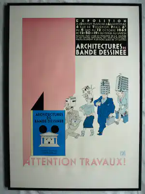 Joost Swarte - Ingelijste en gesigneerde prent , Attention Travaux! - 1985 verkocht voor € 35!