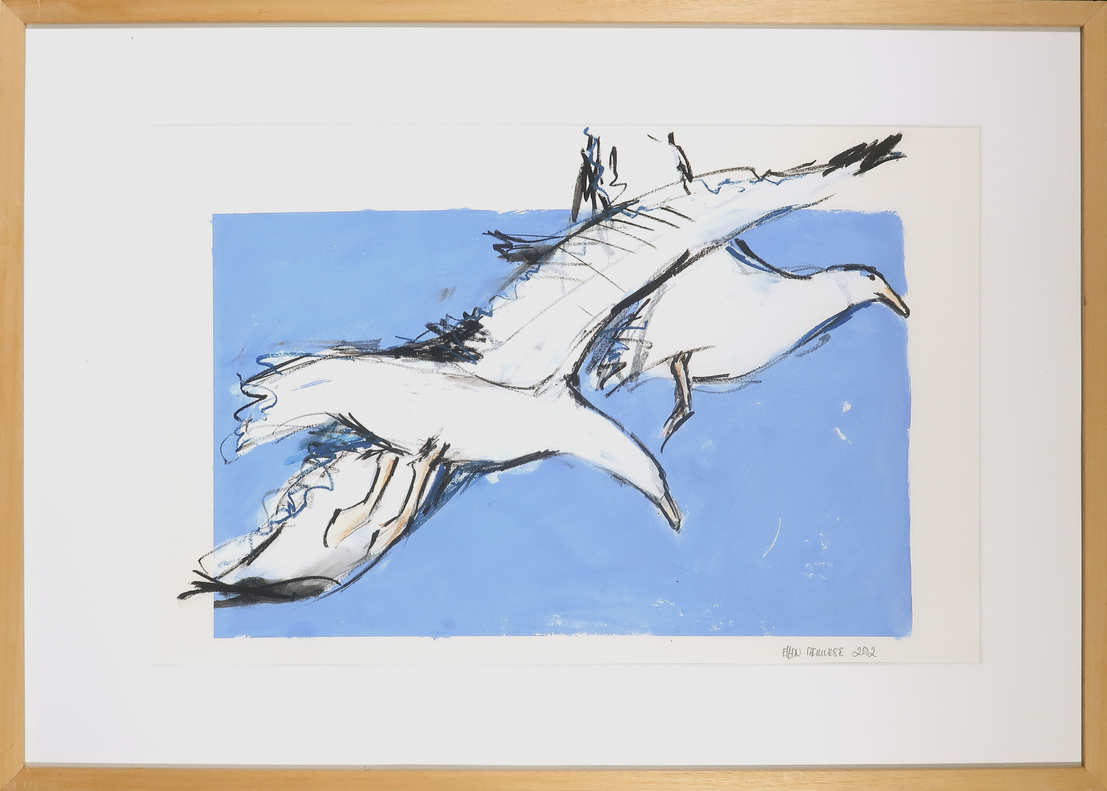 Ellen Meuwese - Gemengde techniek op papier, o.a. gouache en krijt, Meeuwen - Ingelijst kopen? Bied vanaf 80!