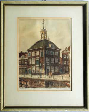 Marius Johannes Janssen - Ingelijste en ingekleurde ets , Zakkendragershuisje Schiedam – ca. 1950 verkocht voor € 35!