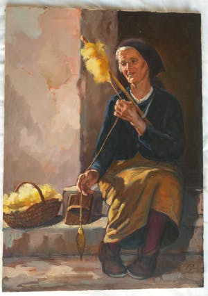 Niet of onleesbaar gesigneerd - Olieverf op doek, “Vecchia che fila” (Spinnende oude vrouw) - Italië kopen? Bied vanaf 1!