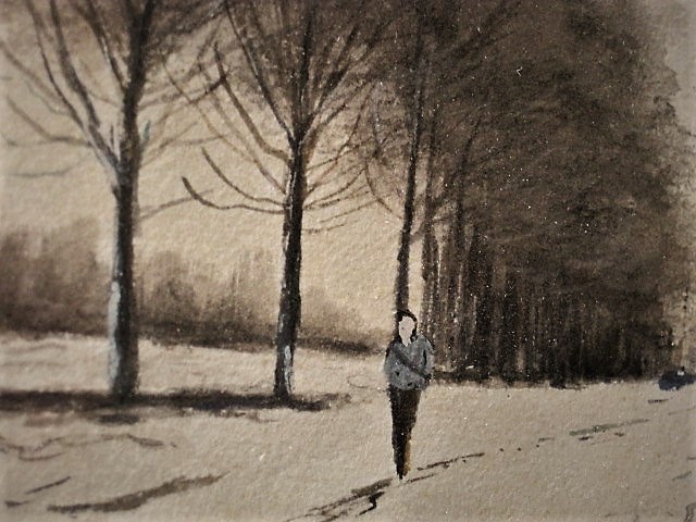 Niet of onleesbaar gesigneerd - Sfeervol Aquarel "Wandelaar in Hollands winterlandschap" kopen? Bied vanaf 1!