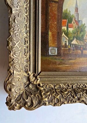 Niet of onleesbaar gesigneerd - Middeleeuwse Stadspoort Amsterdam met figuren - handgesigneerd: T. Guth? kopen? Bied vanaf 1!