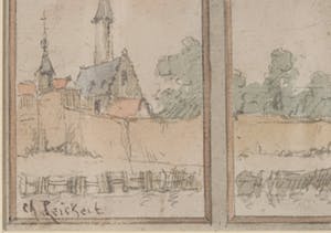 Charles Leickert - Aquarel en potlood, Vue en Tryptique d'une ville Hollandaise - Ingelijst kopen? Bied vanaf 200!