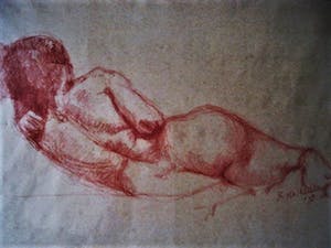 Niet of onleesbaar gesigneerd - Gesigneerde 19e Eeuwse RoodKrijt tekening "Liggend Naakt" kopen? Bied vanaf 10!