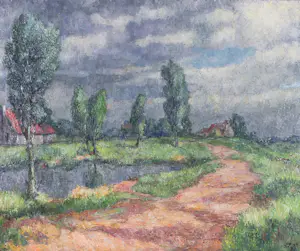 Harmen Klaas Post - Olieverf op paneel, Landschap met wiel - Ingelijst kopen? Bied vanaf 100!