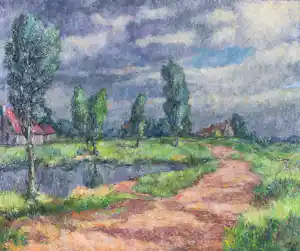 Harmen Klaas Post - Olieverf op paneel, Landschap met wiel - Ingelijst kopen? Bied vanaf 100!