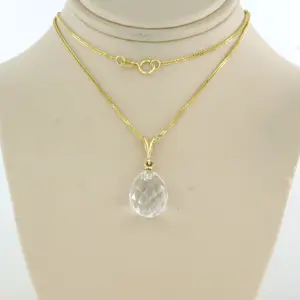 14k geel gouden collier met hanger bezet met druppel vormig berg kristal kopen? Bied vanaf 120!