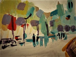 Niet of onleesbaar gesigneerd - gesigneerde expressionistische Gouache "Mediterranee 1951" monogram "J.A." kopen? Bied vanaf 1!