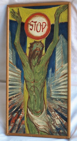 Klaas Pijlman - Olieverf op paneel , Jezus: “STOP” – gesigneerd – ca 1970 kopen? Bied vanaf 50!