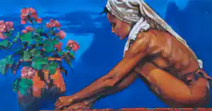 Nico Vrielink - Kleurenoffset-litho VROUW met BLOEMEN ---Handgesigneerd verkocht voor € 69!