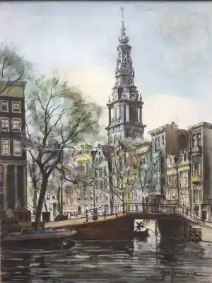 Johannes Josseaud - Amsterdamse gracht met Zuiderkerk | gekleurde litho (uniek)- ingelijst verkocht voor € 45!