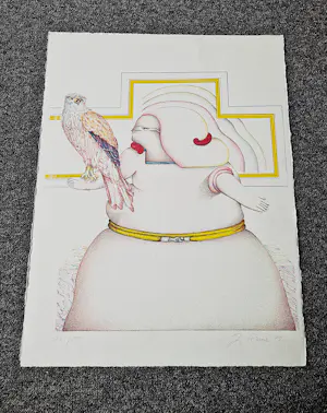 Jörg Remé - Originele 1979 kleuren Lithografie "dame en havik" - beperkte oplage (100) kopen? Bied vanaf 38!