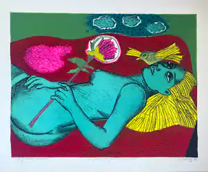 Corneille - Lithografie 'Vrouw met Australische bloem', 1988 kopen? Bied vanaf 450!