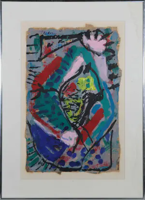 Bep Toscani - Gouache op krantenpapier, Gekleurde abstracte compositie - Ingelijst kopen? Bied vanaf 70!