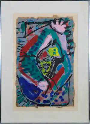 Bep Toscani - Gouache op krantenpapier, Gekleurde abstracte compositie - Ingelijst kopen? Bied vanaf 70!