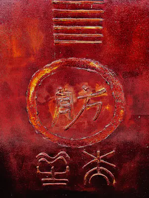 Walter van Oel - groot reliëf rood gelakt olieverf op doek "honouring Chinese characters" kopen? Bied vanaf 99!