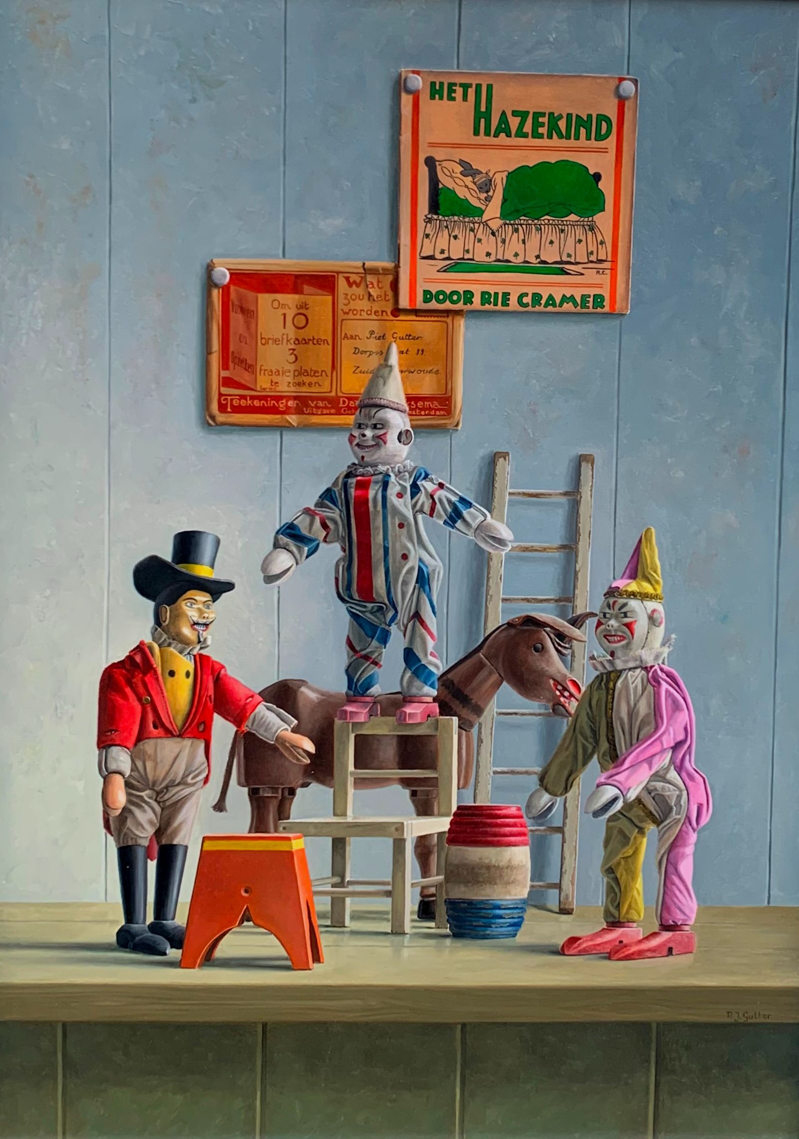 Piet Gutter - Ingelijste olieverf op board: Compositie van 3 poppen en een ezel kopen? Bied vanaf 1750!