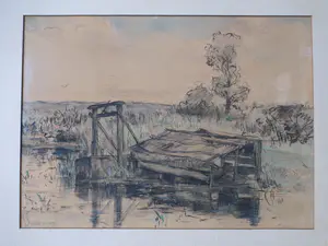 Louis Stutterheim - Boothuis in waterlandschap - Gemengde techniek kopen? Bied vanaf 1!