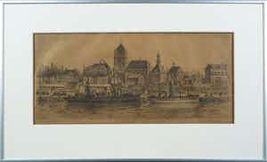 Johan Ponsioen - Ets, Gezicht op Tiel vanuit de haven - Ingelijst verkocht voor € 80!