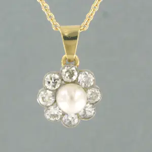 18k geelgouden collier met goud met platina hanger met parel en diamant kopen? Bied vanaf 900!